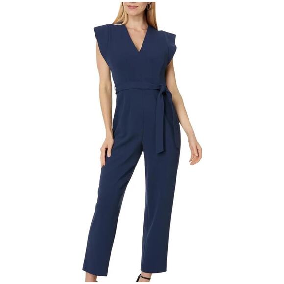Calvin Klein V-Neck Silky Soft Denim Chambray Jumpsuit Cap Sleeves Blue Size 8 - Picture 1 of 10